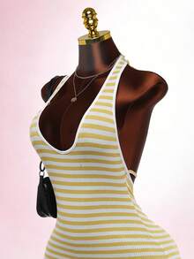 SaltGleam SaltGleam Bộ jumpsuit nữ dáng ôm kẻ sọc buộc dây kiểu dáng thường ngày - Màu vàng - Xem 3
