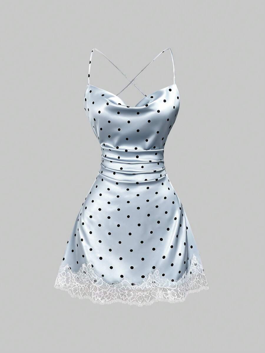 Sweetra Gaun Mini Satin Polkadot Musim Semi/Panas Terbaru, Renda Kontras, Warna Cerah, Cocok untuk Pesta, Pakaian Ulang Tahun - Biru - View 1