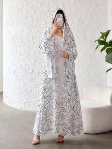 Yasmyna 优雅印花头巾长袖喇叭形女士长袍 - 黑與白 - 查看 4