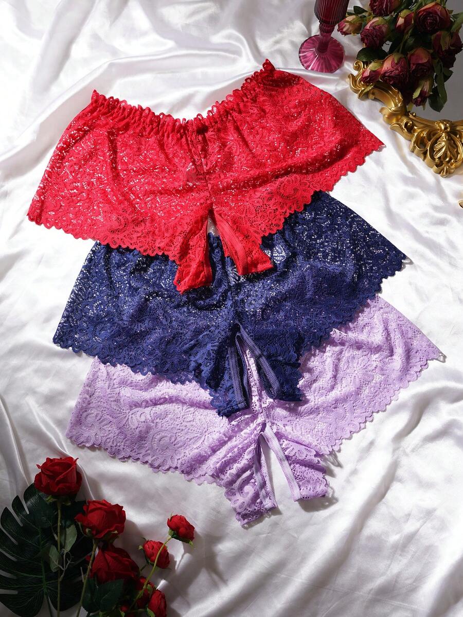SHEIN Set de 3 bragas sexy de encaje con abertura en la entrepierna para tallas grandes - Multicolor - Ver 1