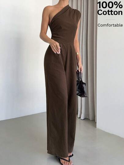 Siren Gaze Elegant Chic Cotton Jumpsuit สีน้ำตาล, ชุดรอมเปอร์ขาบานไหล่เฉียงสำหรับฤดูร้อน, สไตล์ Commuter Influencer, ชุดลำลองสำหรับธุรกิจ, ออกงานปาร์ตี้