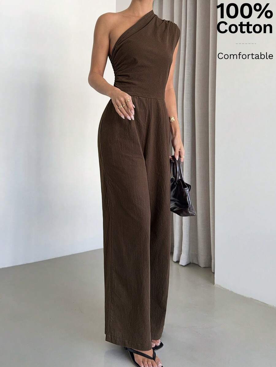 Siren Gaze Bộ jumpsuit cotton thanh lịch, sang trọng màu nâu, kiểu dáng lệch vai, ống rộng, thích hợp cho mùa hè, đi làm, phong cách thời trang công sở, dự tiệc.