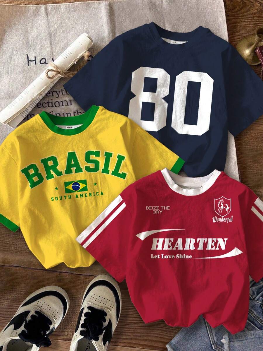 3pcs/Set Young Girls Retro Street Style Casual Round Neck Short Sleeve T-Shirts,Numeric & Alphabetic Graphic Kids Clothes,Summer Back To School Outfit - Multicolor - View 1