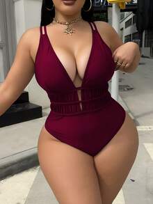 Swim SXY Plus Size Women's Leopard Print Deep V-Neck Sexy Beach Vacation One-Piece Swimsuit - Burgundy - View 1