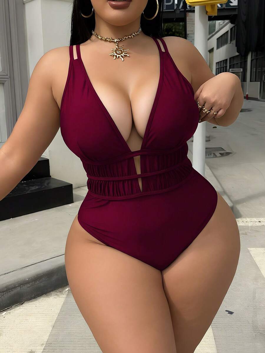Swim SXY Plus Size Women's Leopard Print Deep V-Neck Sexy Beach Vacation One-Piece Swimsuit - Burgundy - View 1