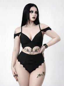 ROMWE Goth Conjunto de bikini estilo gótico de talla para mujer, primavera/verano - Negro - Ver 5