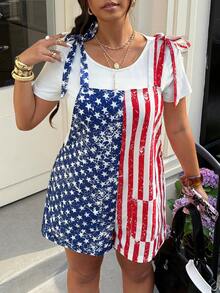 Muchica Plus Size Women's American Flag Print Pocket Romper - Multicolor - View 6