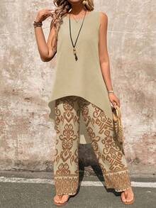 EMERY ROSE Women's Solid Color Round Neck Top And All-Over Print Pants Casual Outfit - Apricot - View 4