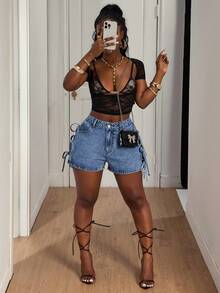 Slaydiva Plus Size Summer Casual Side Slit Tie-Up Denim Shorts - Blue - View 7