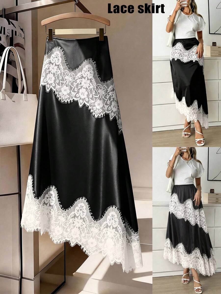 Franclia Damen Große Größen Satin Spitze Patchwork Rock, eleganter minimalistischer Rock, zarter Spitzenbesatz am Saum, geeignet für Frühling, Sommer, Herbst, Dates, Partys, Alltag Outfit, Büro - Schwarz - Übersicht 1