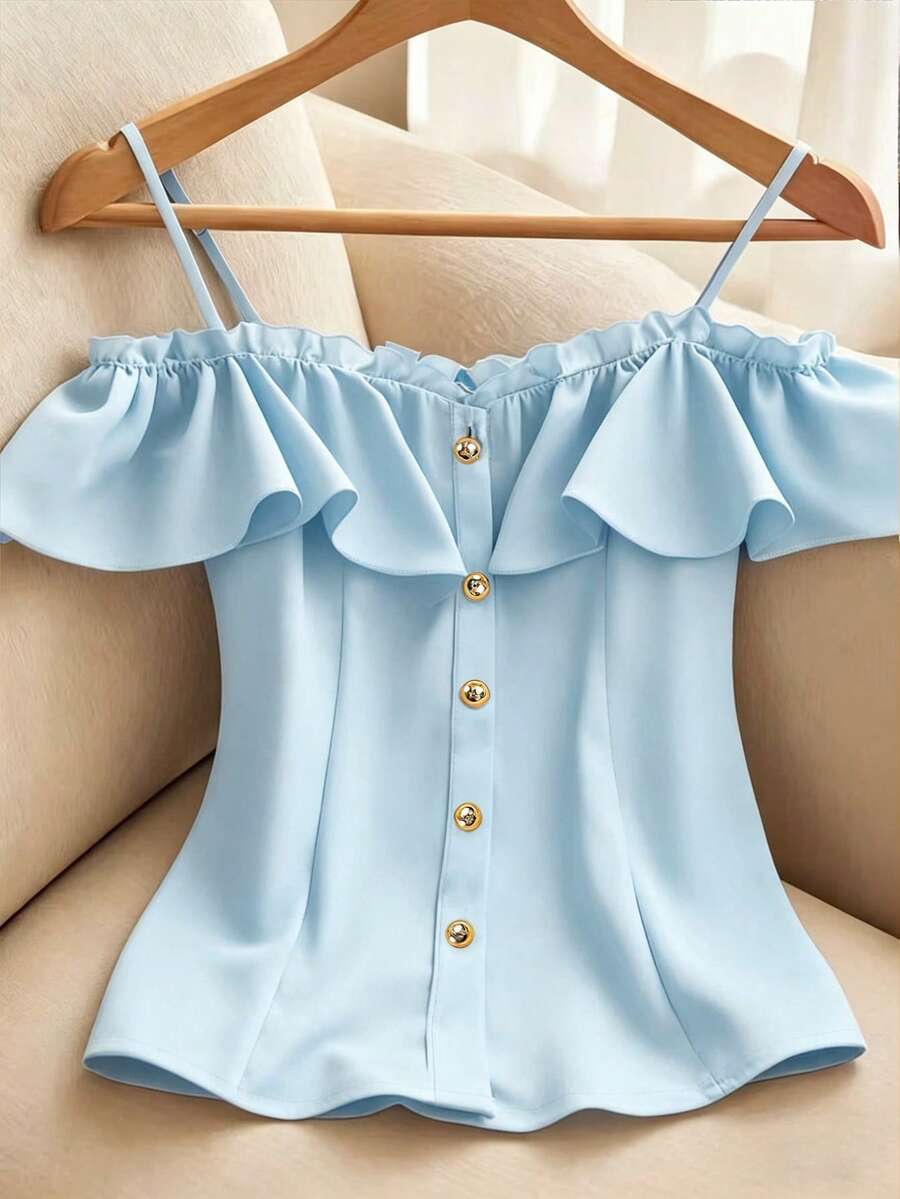Franclia 女士纯色荷叶边露肩单排扣衬衫 - 藍色 - 查看 1