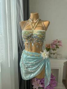Femesol 1 chiếc áo croptop hai dây đính hạt cườm lãng mạn mùa hè, có thể điều chỉnh kích cỡ. - Nhiều màu - Xem 1