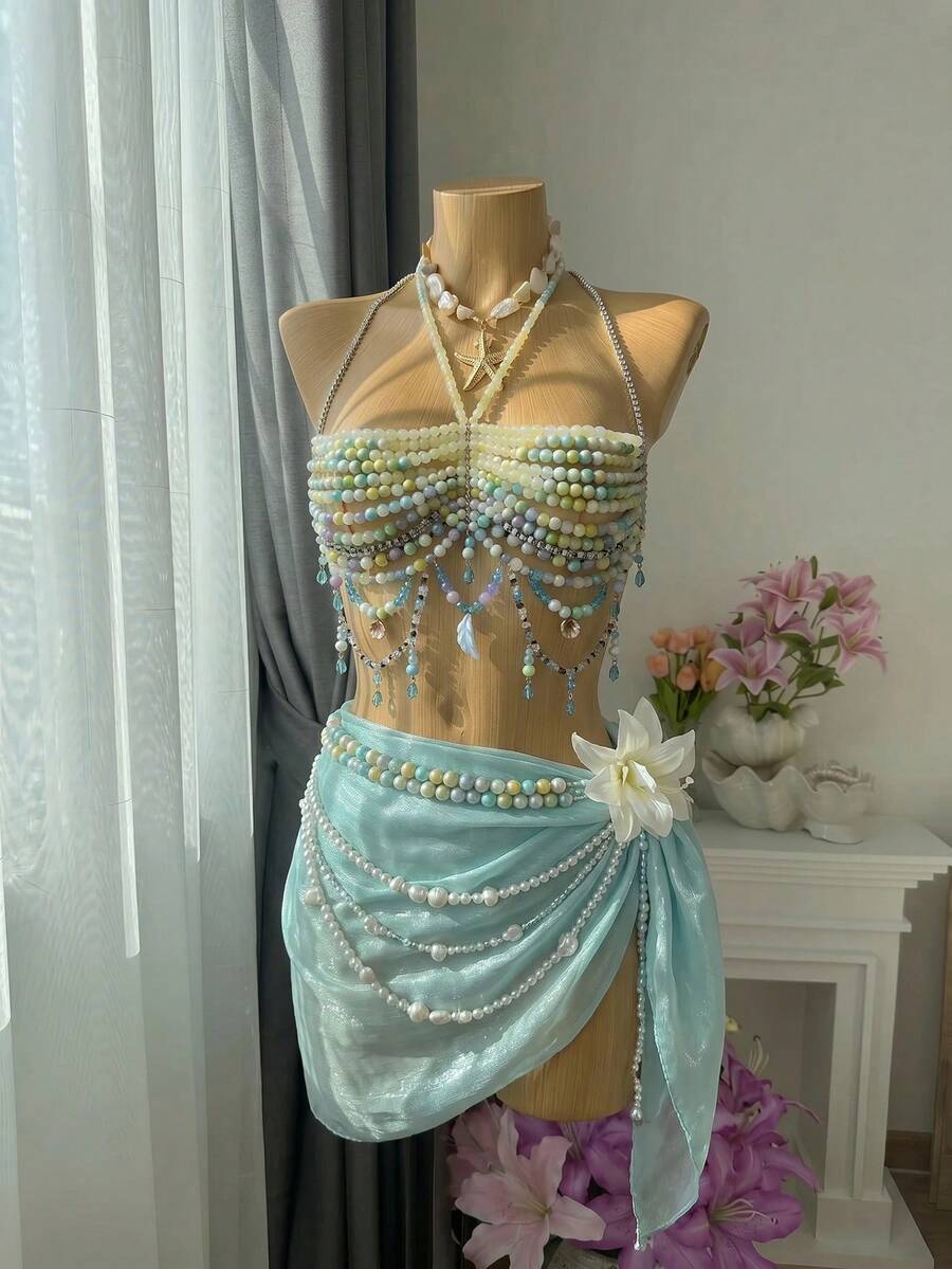 Femesol 1 chiếc áo croptop hai dây đính hạt cườm lãng mạn mùa hè, có thể điều chỉnh kích cỡ. - Nhiều màu - Xem 1