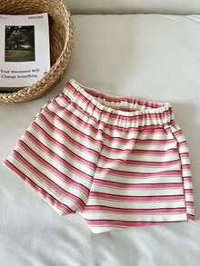 SuriyaCove Women's Puppy Embroidery Striped Contrast Color Drawstring Waist Shorts - Multicolor - View 2