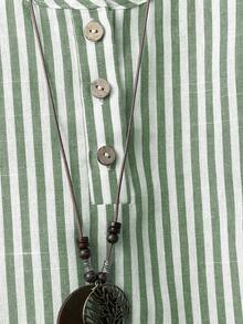 SHEIN LUNE Plus Size Women's Cotton Linen Blue And White Round Neck Front Button 3/4 Sleeve Casual Vacation Shirt Vacation Summer - Green - View 4