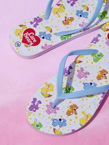 SHEIN X Care Bears 女款可愛卡通夾腳拖鞋，夏季穿著卡通彩虹印花防滑度假沙灘涼鞋 - 米色 - 查看 5