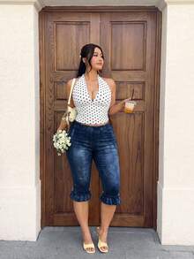 Muchica Plus Size Denim Effect Print Ruffle Hem Leggings - Blue - View 5
