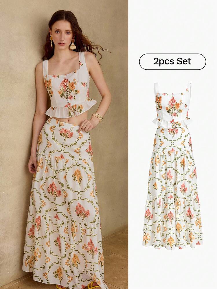 WOMEN'S FLORAL PRINT RUFFLE HEM CROP TANK TOP AND TIERED SKIRT SET, VACATION OUTFIT