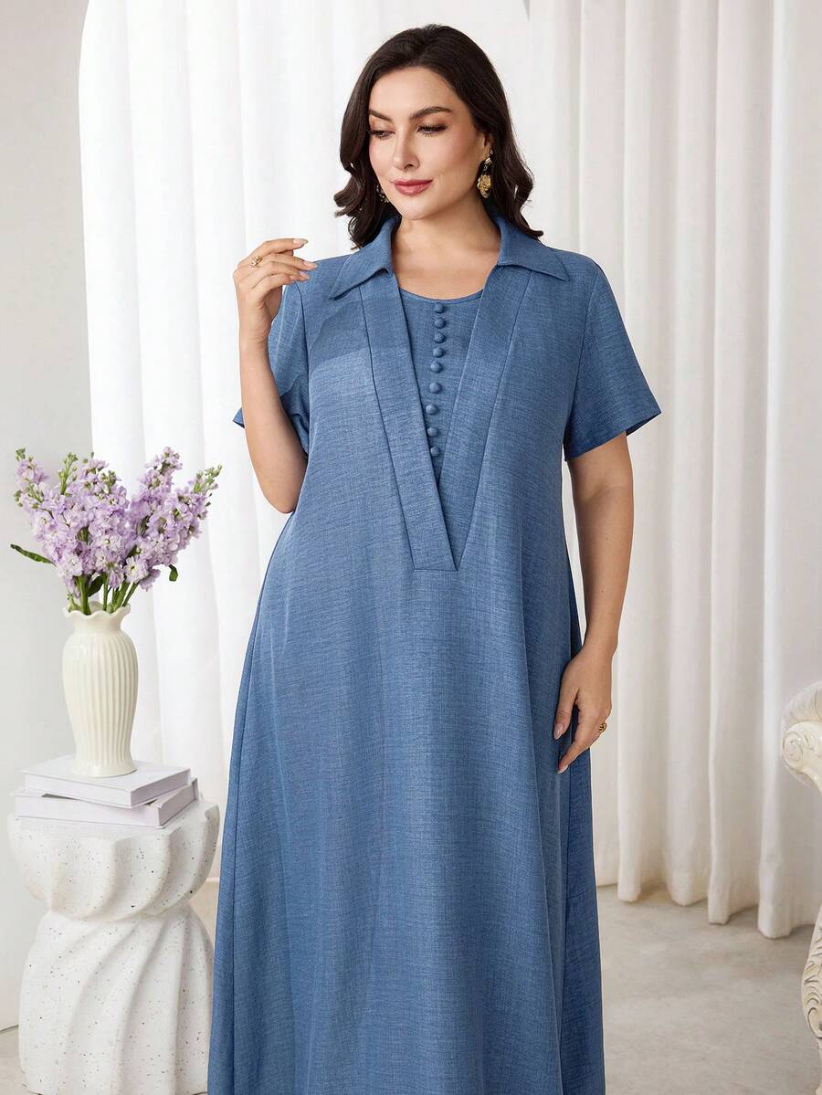 Al Najma Plus Size Women Solid Color Casual Party Arabic Style Dress - Blue - View 1
