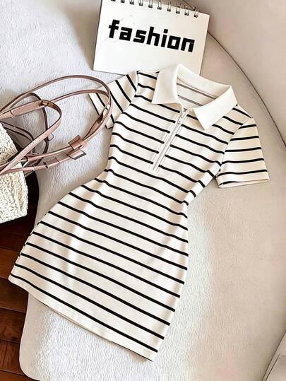 Everyssa Vestido camiseta con cremallera y cuello polo para mujer, vestido a rayas vintage, vestido de verano, vestido corto a rayas casual, deportivo y elegante, versátil, adecuado para cruceros, festivales, vacaciones en la playa, festivales de música, vacaciones bohemias, vuelta al colegio, Pascua, bodas, Día del Maestro, Día de la Madre, todas las estaciones, ropa de playa de moda, noche de La Habana, atuendo para cena en la playa