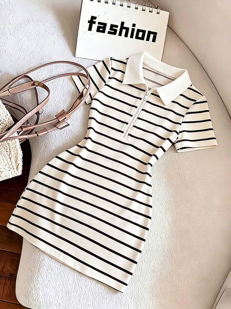 Everyssa Đầm T-shirt cổ polo có khóa kéo dành cho nữ, đầm kẻ sọc cổ điển, đầm mùa hè, đầm ngắn kẻ sọc năng động, thanh lịch, trẻ trung, đa năng, thích hợp cho du lịch biển, lễ hội, kỳ nghỉ biển, lễ hội âm nhạc, kỳ nghỉ phong cách Boho, tựu trường, lễ Phục sinh, đám cưới, Ngày Nhà giáo, Ngày của Mẹ, mọi mùa, trang phục đi biển thời trang, đêm Havana, trang phục ăn tối trên bãi biển. - Nhiều màu - Xem 1