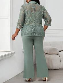 SHEIN Lady 四季白色西装女装外套蕾丝拼接优雅套装秋冬服装优雅女装白色薄荷绿裤子女装纯色金属纽扣装饰优雅九分裤秋季女装大码人造皮草外套 - 薄荷綠 - 查看 2