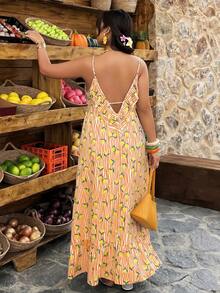 Weeklong Plus Size Women's Casual Vacation Dress With Ruffled Backless, Striped Lemon Print, A-Line, Spring/Summer - Multicolor - View 5
