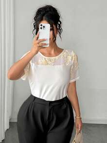 SHEIN Clasi Plus Size Floral Embroidered Mesh Satin Short Sleeve Blouse,Brown,Summer,Elegant,Wedding Guest,Holiday Lace Patchwork Sheer Shirt For Plus Size Women - White - View 7