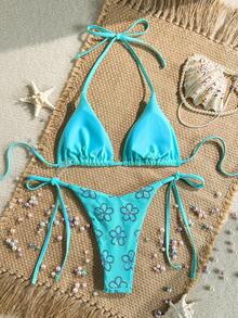 SHEIN Swim 两件套彩色亮片特殊面料三角杯文胸和侧系带泳裤性感比基尼套装，春夏款 - 薄荷藍 - 查看 2