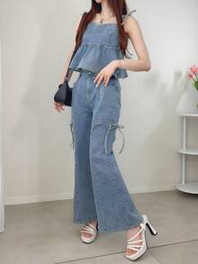 FRIFUL Conjunto casual de verano para mujer con camiseta de tirantes con volantes en el bajo y vaqueros desgastados - Azul - Ver 4