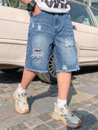 SHEIN Mirajuku Teenage Boys' Distressed Denim Shorts, Light Blue Washed Jeans, Casual Street Style, Slim Fit, Soft & Comfortable Fabric, Suitable For Daily, Outdoor, Party, 2026 Summer New Arrival