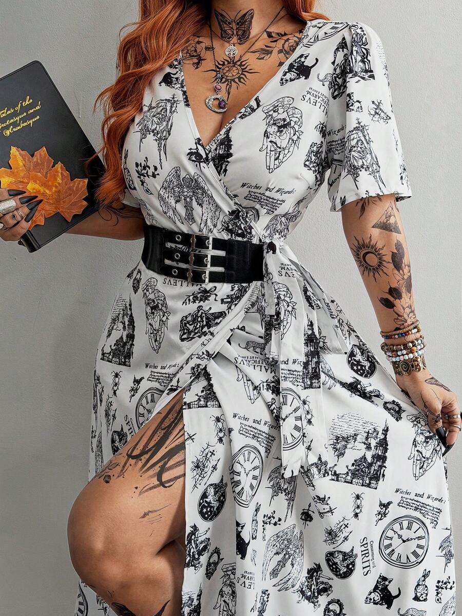 Whyspr Vestido con estampado, de cuello en V, sexy, de manga corta y que ciñe la cintura - Blanco - Ver 1