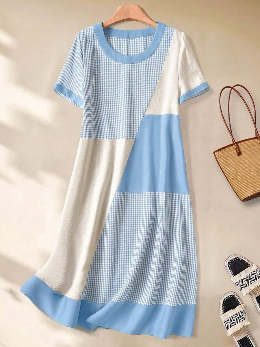 Rusticease Women's Casual Colorblock Plaid Round Neck Short Sleeve Dress, Summer Vacation Blue Gingham - Baby Blue - View 1
