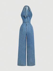SHEIN MOD Bộ jumpsuit denim hở lưng cổ yếm dành cho nữ - Màu xanh lam - Xem 2