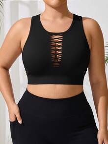 SHEIN Rhythm Era 大码女式纯色镂空设计休闲健身运动背心 - 黑色 - 查看 4