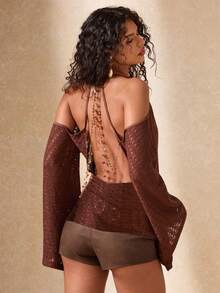 SHEIN BAE Chocolate Brown Sequin Embroidered Backless Deep V Neck Top, Bohemian Boho Vacation Summer Elegant Party Top, Luxury Evening Banquet Wedding - Coffee Brown - View 1