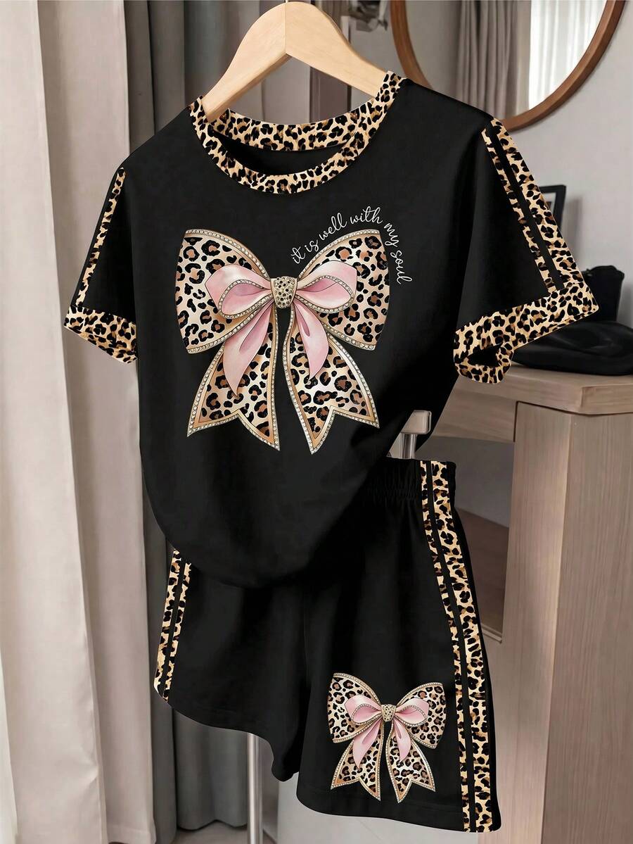 SHEIN Baju Anak Perempuan Motif Leopard dengan Hiasan Pita dan Lengan Pendek, Pakaian Kasual Sehari-hari - MultiWarna - View 1