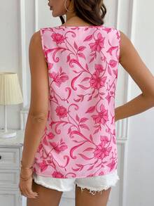 SHEIN Clasi Blus Tanpa Lengan Leher V Berkerut Motif Bunga untuk Wanita, Atasan Musim Panas - Berwarna merah muda - View 2
