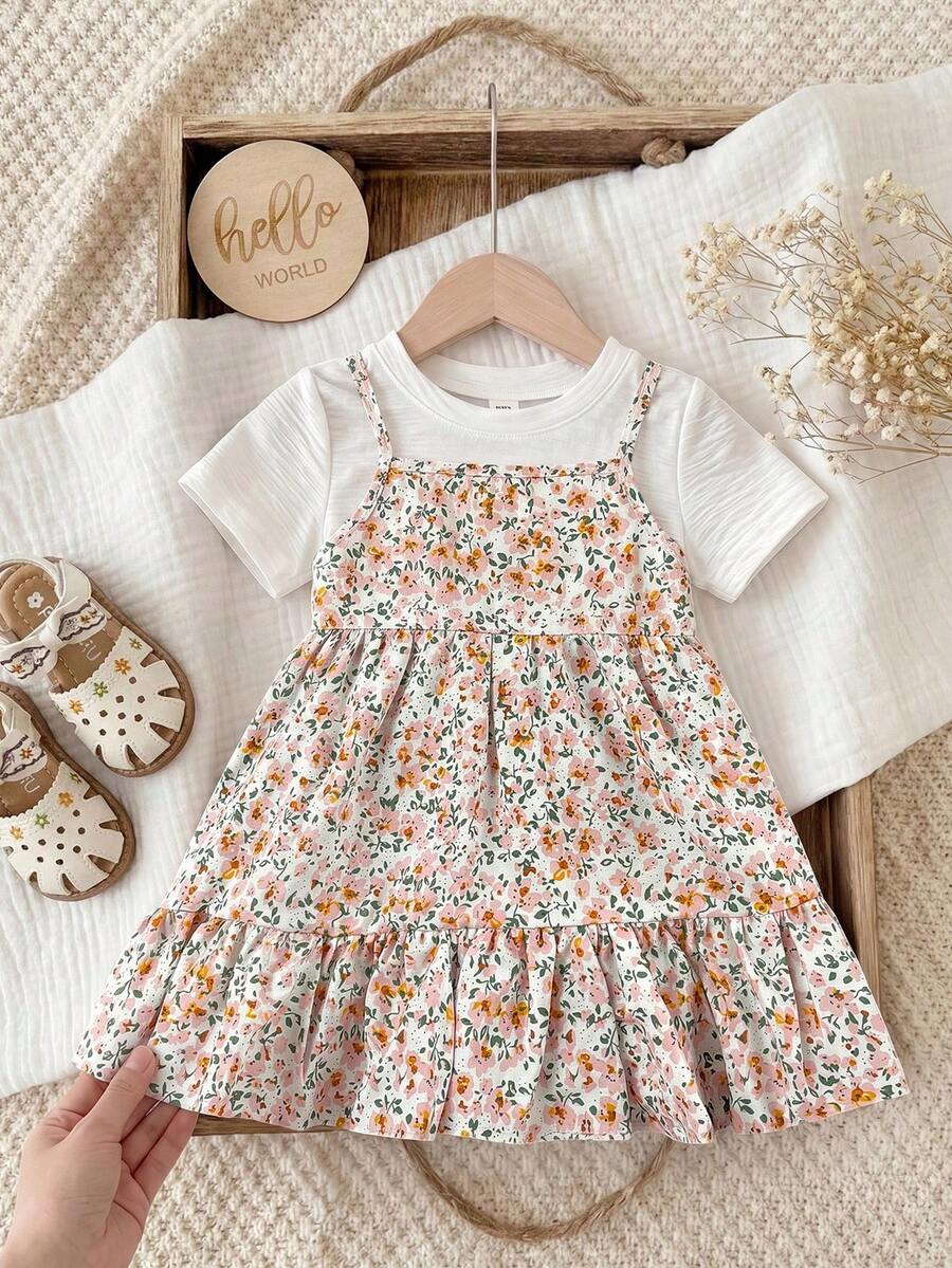 Bộ váy hai dây họa tiết hoa nhí dễ thương cho bé gái mùa hè và áo len. - Màu Hồng baby - Xem 1