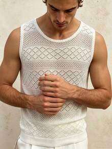 Manfinity Dauomo Men's Summer Casual Basic Basic Vacation Solid Color Hollow-Out Knit Sweater Vest Vacation White Vacation - Beige - View 4