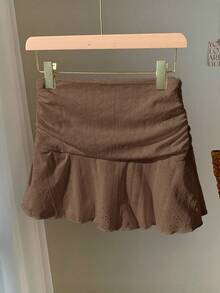 Comfortcana Brown Hollow Texture Ruched A-Line Mini Skirt - Brown - View 2