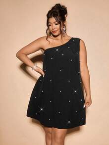 SHEIN CURVE+ Plus Size Women Asymmetrical Shoulder Pearl Decor Elegant Dress - Black - View 7