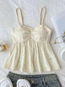 SHEIN 少女夏季休闲度假奶油黄纹理针织褶皱胸部吊带背心 - 黃色 - 查看 3
