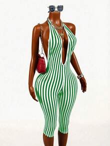 Mistrie Striped Contrast Print Cold Shoulder Backless Halter Design Capri Pants, Casual Sporty Sexy Daily Holiday Spring/Summer Knit Jumpsuit For Women - Green - View 7
