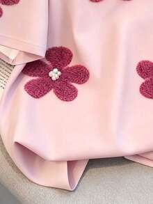 少女印花宽松休闲撞色条纹圆领短袖T恤，适合夏季、日常穿着、返校季、姐妹装、度假等场合。 - 白色 - 查看 5