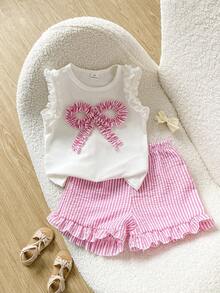 SHEIN Playful Pals Young Girl (Small) Knitted Jacquard Ivory Ruffle Trim Camisole Top And Pink Ruffle Trim Shorts Set, Cute And Adorable Baby Summer Outfit - Pink - View 5