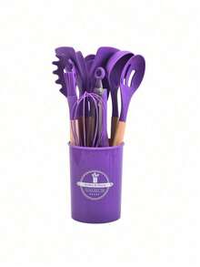 Juego de 12 piezas de utensilios de cocina de silicona con mango de madera antiadherente, resistentes al calor, con cubo de almacenamiento - Multicolor - Ver 13