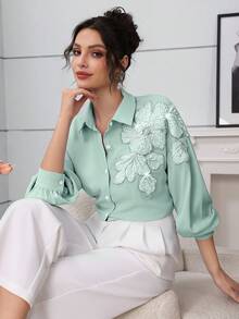 Modelyn 优雅蓝色串珠花卉落肩袖时尚女式衬衫 - 綠色 - 查看 7