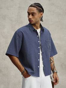 PAVTROS Men's Casual Plaid Short Sleeve Shirt, Boxy Loose Fit, Button-Up Suitable For College Campus, Gift Him, World Cup Outdoor Wear - Blue - View 5