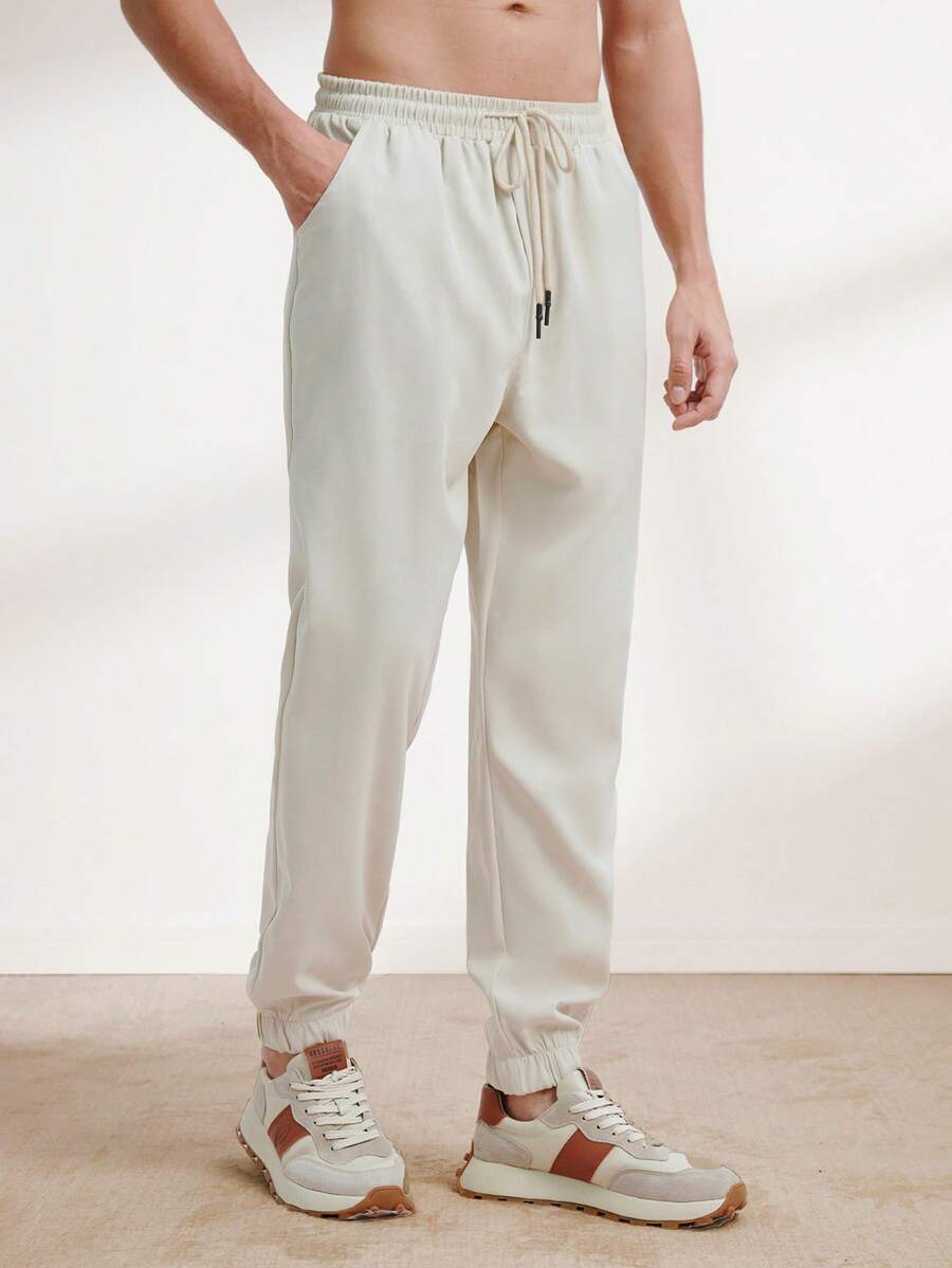 Driftmere Men's Casual Solid Color Drawstring Waist & Cuffed Long Pants, For Fall Father's Day – A Fathers Day Gift Guide - Beige - View 1